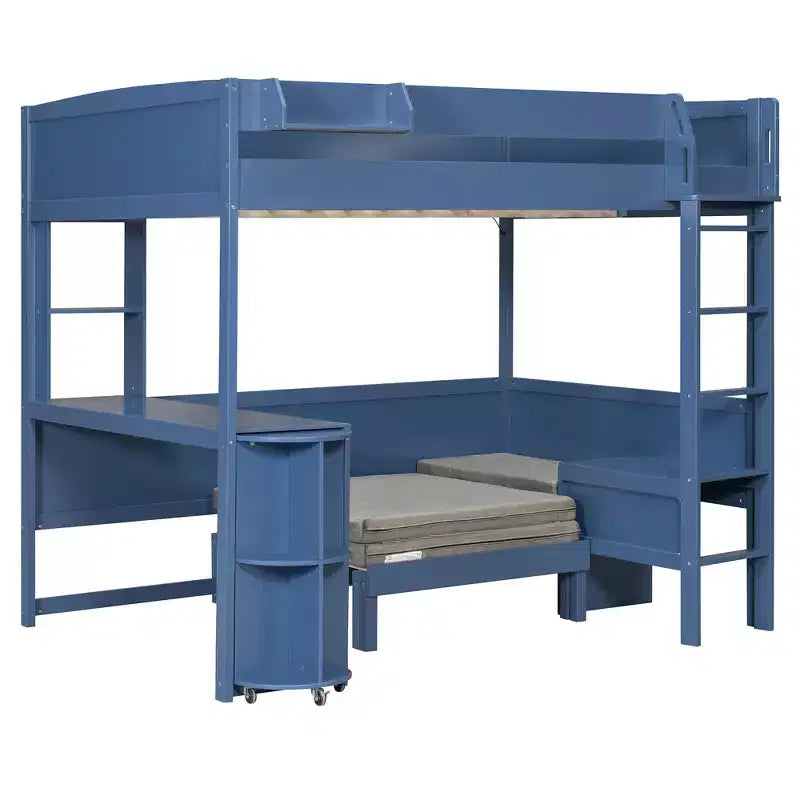 Lit mezzanine complet en contreplaqué, MDF et pin avec bureau, canapé et lumière LED 77,8"L x 97"P x 68,9"H