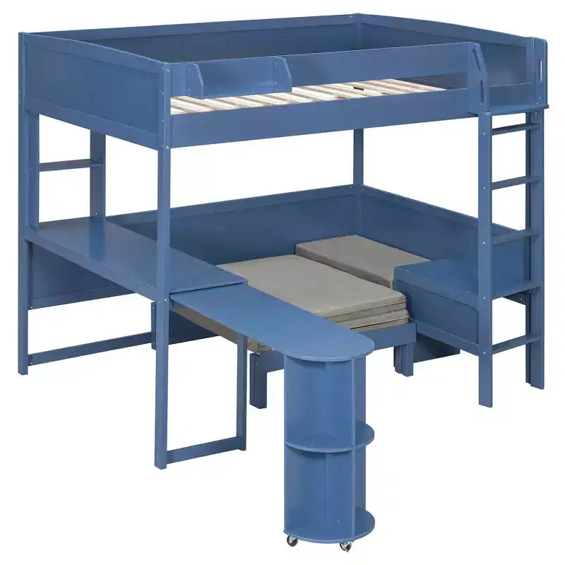 Lit mezzanine complet en contreplaqué, MDF et pin avec bureau, canapé et lumière LED 77,8"L x 97"P x 68,9"H