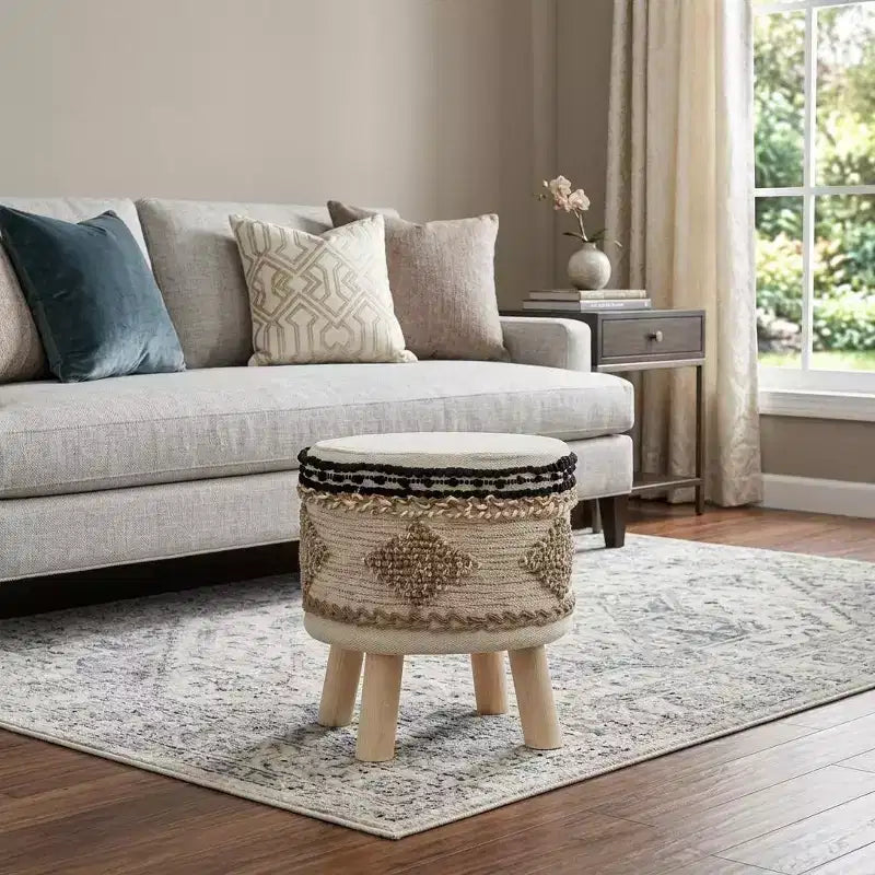 16 Pouf abstrait rond en jute beige et marron