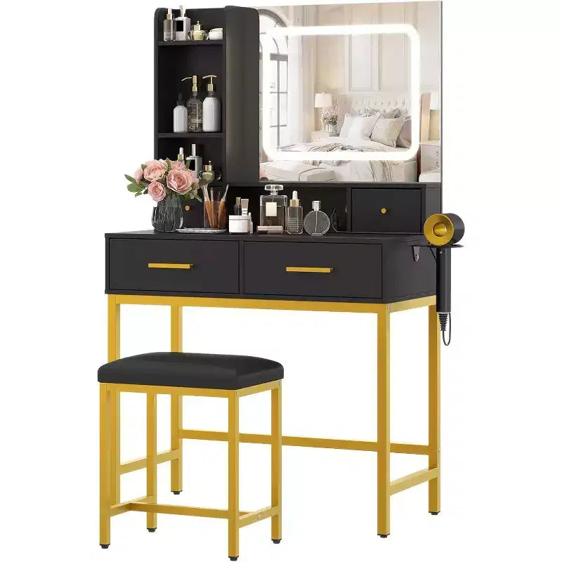 Coiffeuse en bois avec cadre métallique, miroir LED, 4 tiroirs et chaise