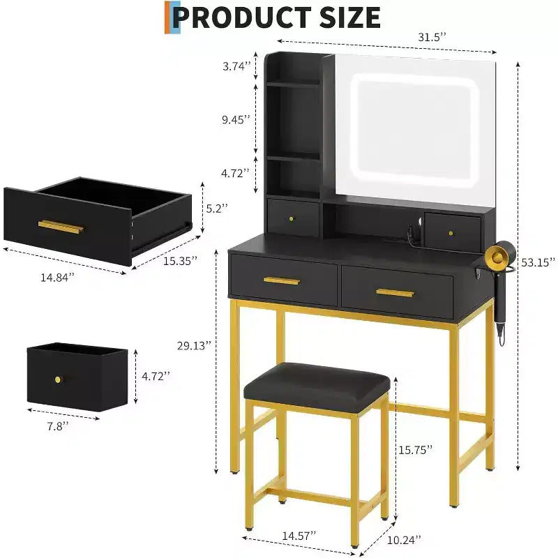 Coiffeuse en bois avec cadre métallique, miroir LED, 4 tiroirs et chaise
