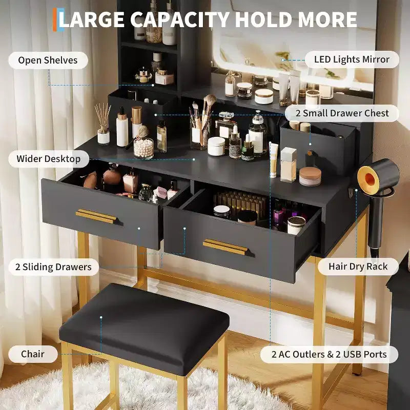 Coiffeuse en bois avec cadre métallique, miroir LED, 4 tiroirs et chaise