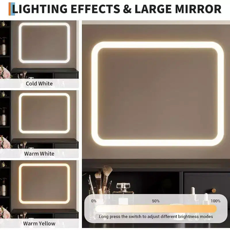 Coiffeuse en bois avec cadre métallique, miroir LED, 4 tiroirs et chaise