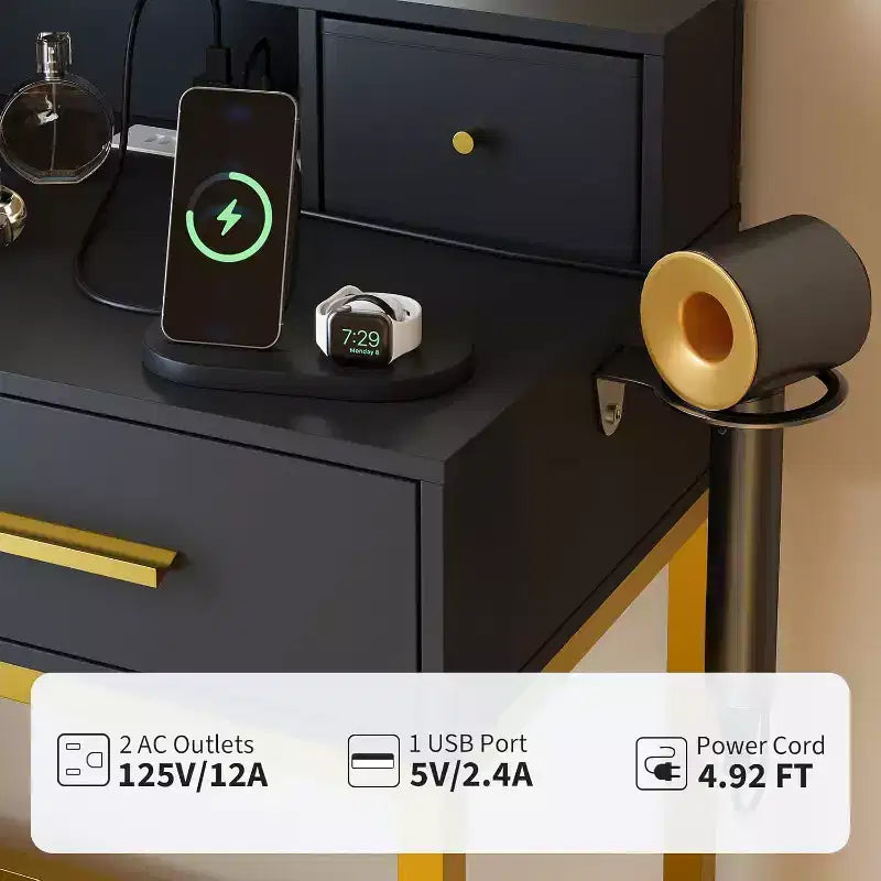 Coiffeuse en bois avec cadre métallique, miroir LED, 4 tiroirs et chaise