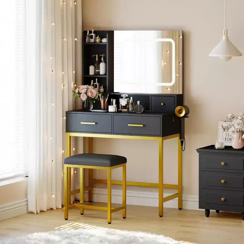 Coiffeuse en bois avec cadre métallique, miroir LED, 4 tiroirs et chaise