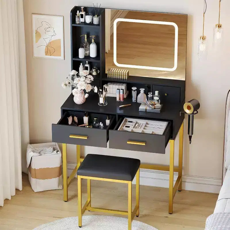 Coiffeuse en bois avec cadre métallique, miroir LED, 4 tiroirs et chaise