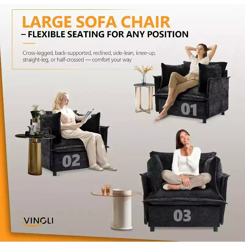 Fauteuil d'appoint surdimensionné 34"L en métal, bois et tissu chenille