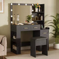 Coiffeuse en bois avec miroir LED, 5 tiroirs et tabouret rembourré, 104 cm de large