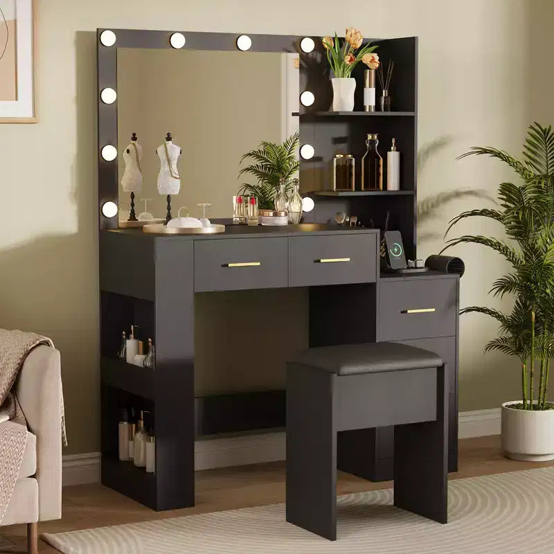Coiffeuse en bois avec miroir LED, 5 tiroirs et tabouret rembourré, 104 cm de large
