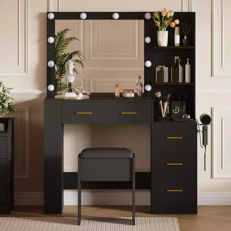 Coiffeuse en bois avec miroir LED, 5 tiroirs et tabouret rembourré, 104 cm de large