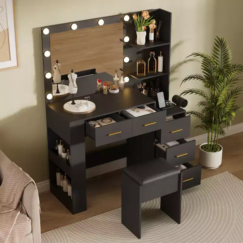 Coiffeuse en bois avec miroir LED, 5 tiroirs et tabouret rembourré, 104 cm de large
