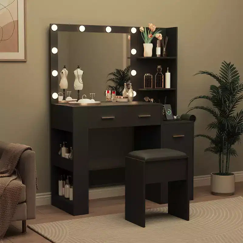 Coiffeuse en bois avec miroir LED, 5 tiroirs et tabouret rembourré, 104 cm de large
