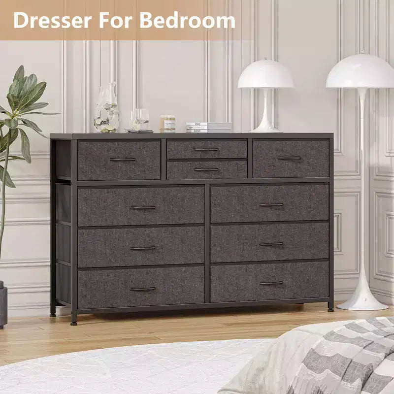 Commode de rangement en tissu avec cadre métallique, support TV, 10 tiroirs, 114 cm de large