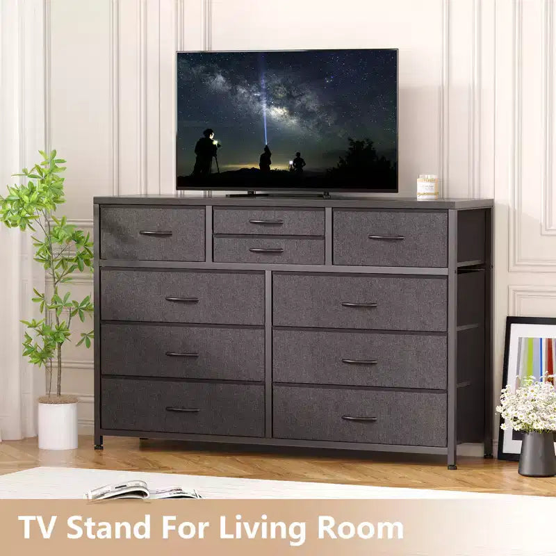 Commode de rangement en tissu avec cadre métallique, support TV, 10 tiroirs, 114 cm de large