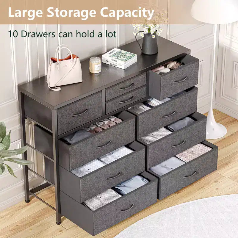 Commode de rangement en tissu avec cadre métallique, support TV, 10 tiroirs, 114 cm de large