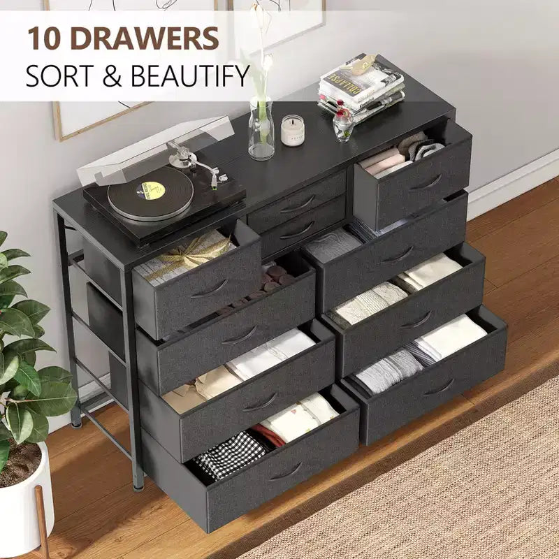 Commode de rangement en tissu avec cadre métallique, support TV, 10 tiroirs, 114 cm de large