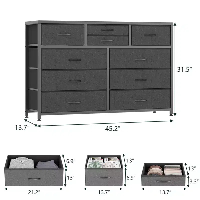 Commode de rangement en tissu avec cadre métallique, support TV, 10 tiroirs, 114 cm de large