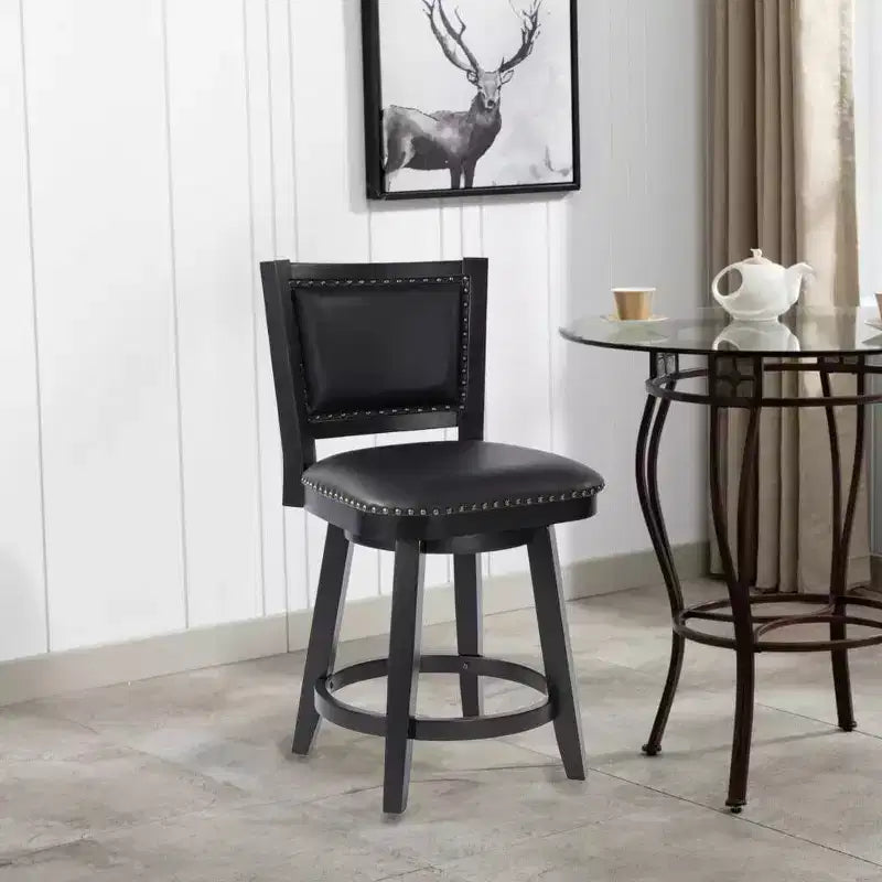 Tabouret de bar pivotant en similicuir et hévéa avec repose-pieds - Hauteur 66 cm