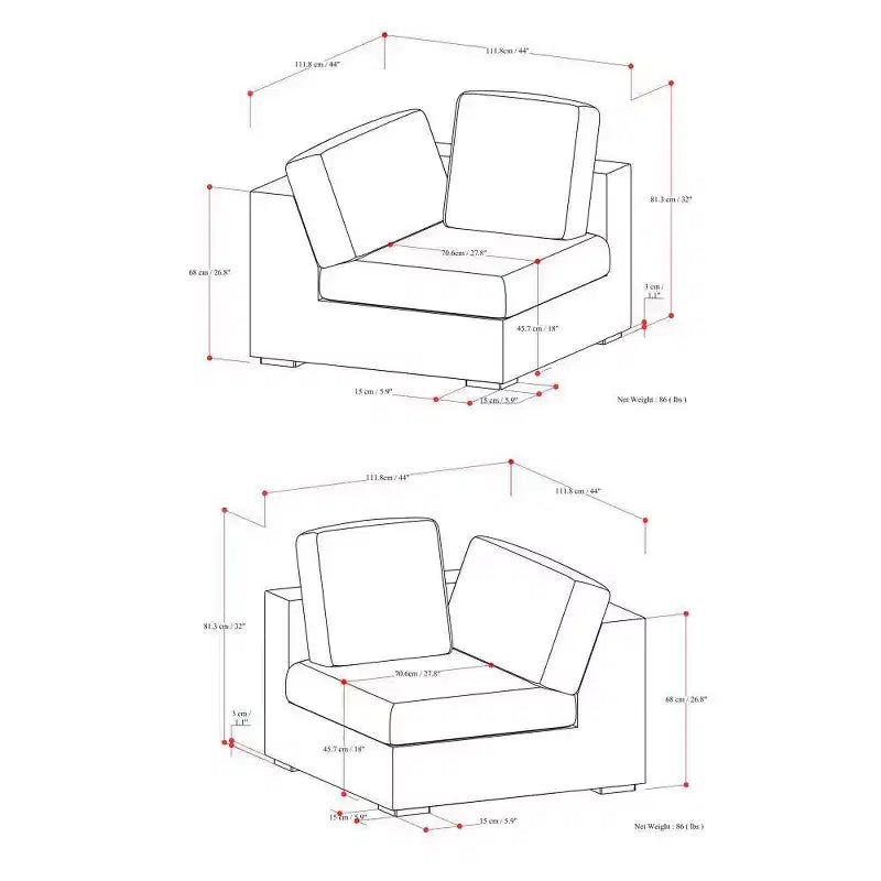 Canapé modulaire 2 places en contreplaqué garni de polyester avec coussins amovibles 88"L