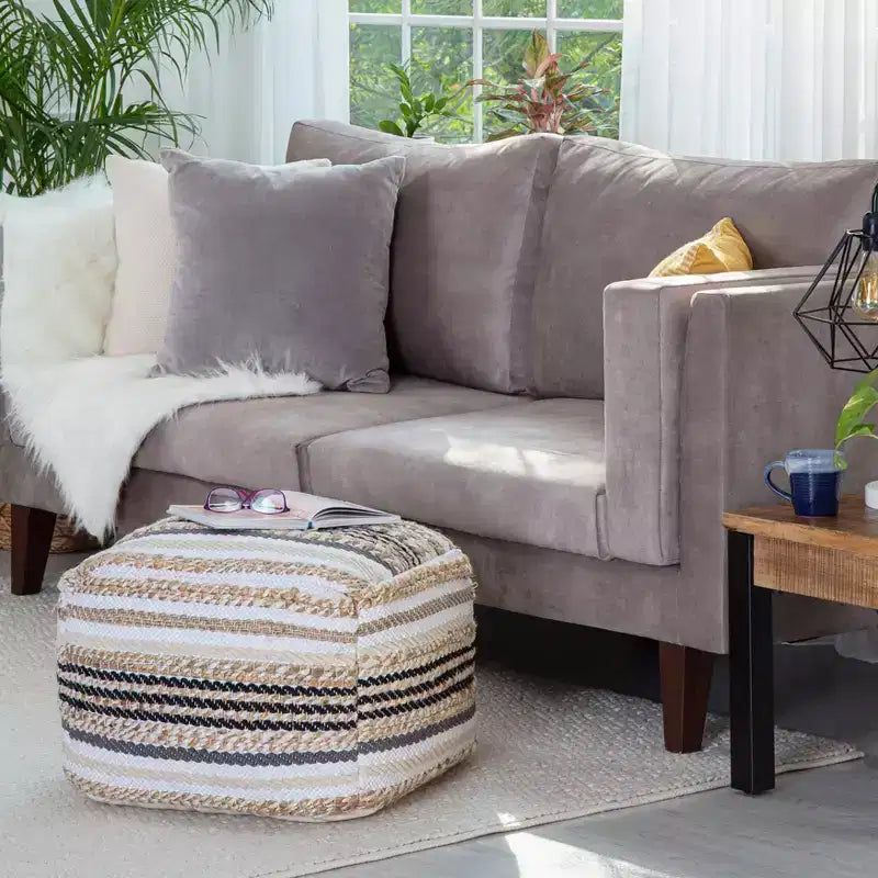 Pouf ottoman carré fait main en jute et polyester avec housse amovible 45,7 cm x 45,7 cm