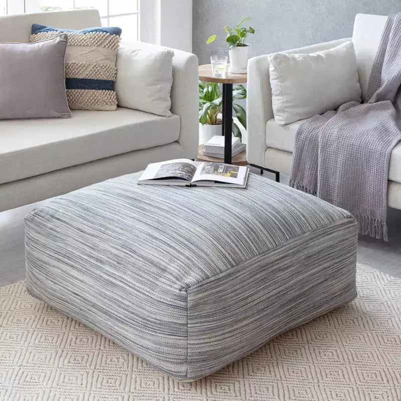 Ottoman rond tricoté en polyester et jute gris, 45 cm de diamètre