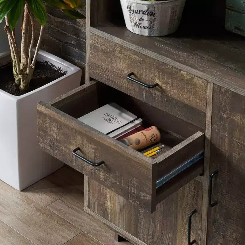 Bibliothèque en panneaux de particules avec armoire 5 étagères et 2 tiroirs H 177,3 cm x L 97 cm