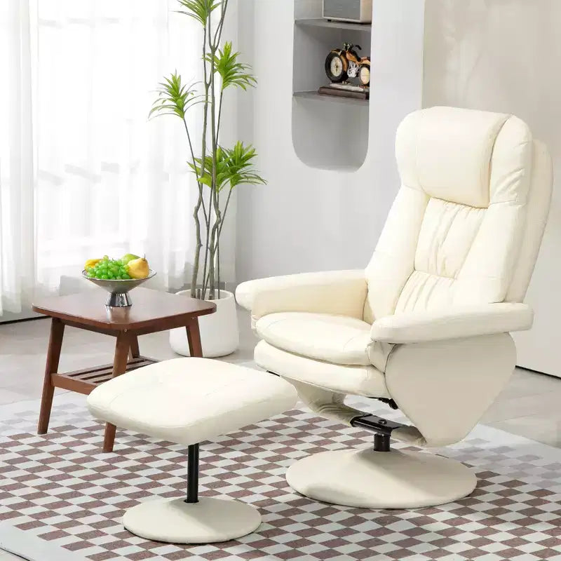 Fauteuil inclinable pivotant en cuir PU avec pouf et base enveloppée