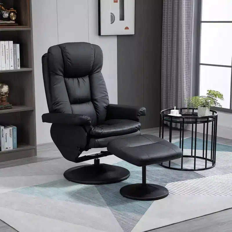 Fauteuil inclinable pivotant en cuir PU avec pouf et base enveloppée