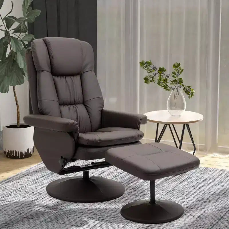 Fauteuil inclinable pivotant en cuir PU avec pouf et base enveloppée
