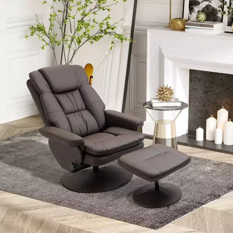 Fauteuil inclinable pivotant en cuir PU avec pouf et base enveloppée