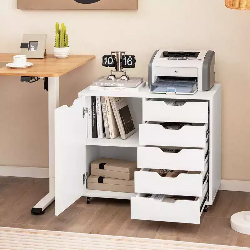 Commode de rangement roulante 5 tiroirs en bois avec étagère réglable 78,7 cm L