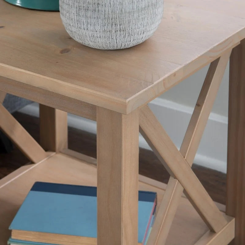 Solid Pine X-Base End Table, Farmhouse Style, 2 Display Surfaces