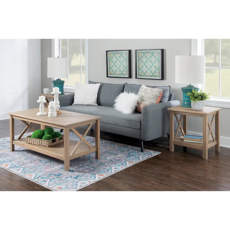Solid Pine X-Base End Table, Farmhouse Style, 2 Display Surfaces