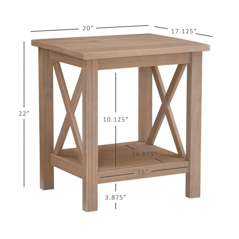 Solid Pine X-Base End Table, Farmhouse Style, 2 Display Surfaces