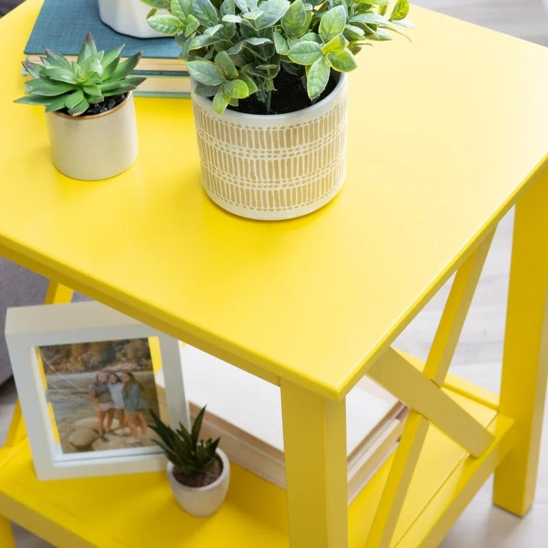 Solid Pine X-Base End Table, Farmhouse Style, 2 Display Surfaces