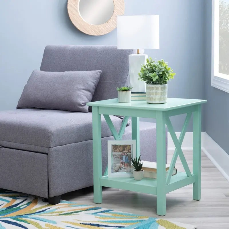Solid Pine X-Base End Table, Farmhouse Style, 2 Display Surfaces