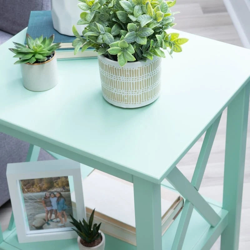 Solid Pine X-Base End Table, Farmhouse Style, 2 Display Surfaces
