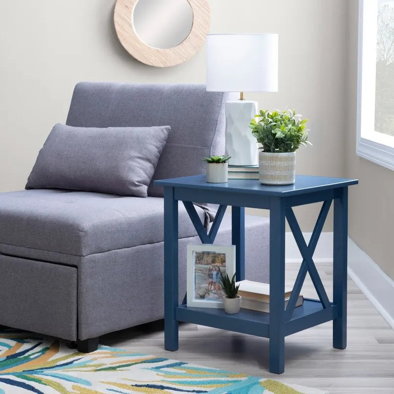 Solid Pine X-Base End Table, Farmhouse Style, 2 Display Surfaces
