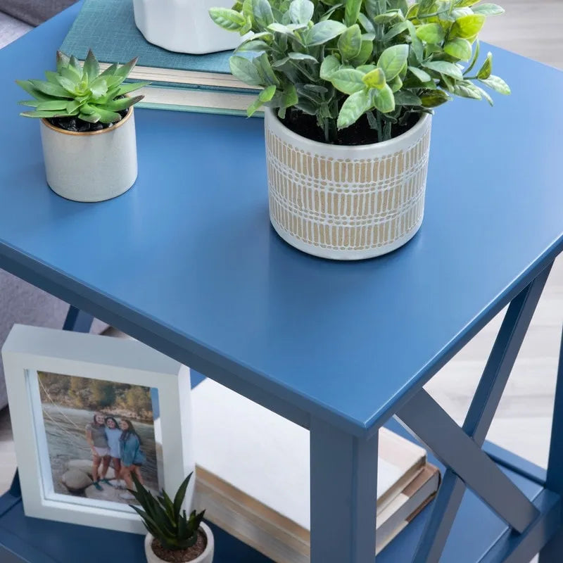 Solid Pine X-Base End Table, Farmhouse Style, 2 Display Surfaces