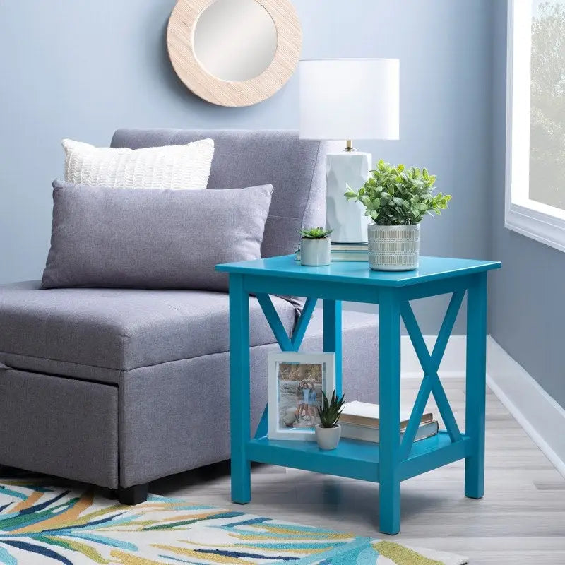 Solid Pine X-Base End Table, Farmhouse Style, 2 Display Surfaces