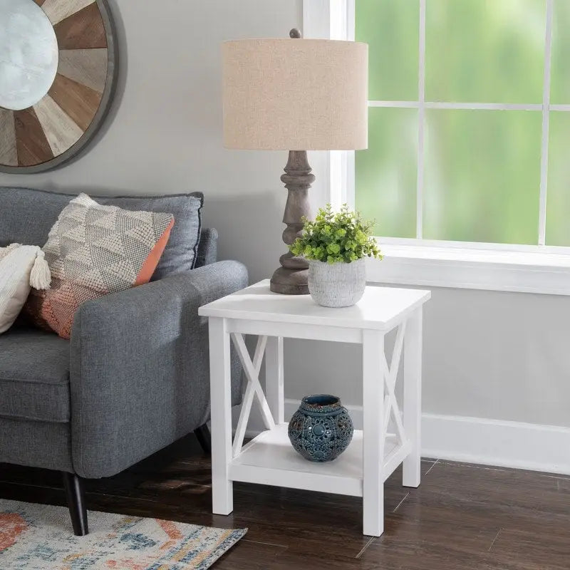 Solid Pine X-Base End Table, Farmhouse Style, 2 Display Surfaces