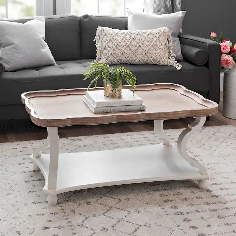 Rustic Farmhouse Coffee Table with Tray Top and Lower Shelf, Distressed Finish