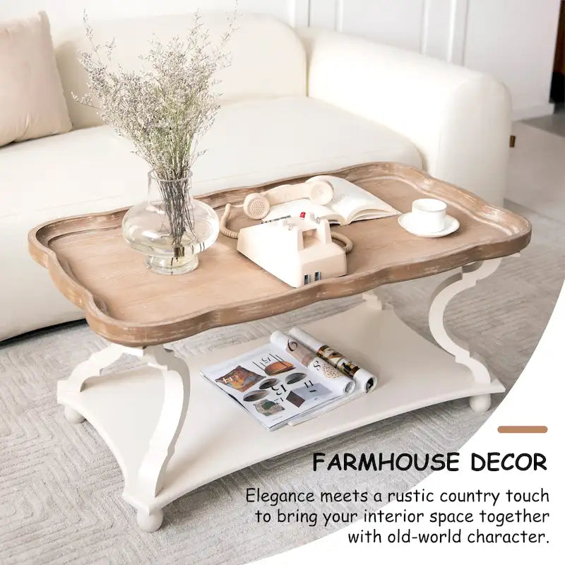 Rustic Farmhouse Coffee Table with Tray Top and Lower Shelf, Distressed Finish