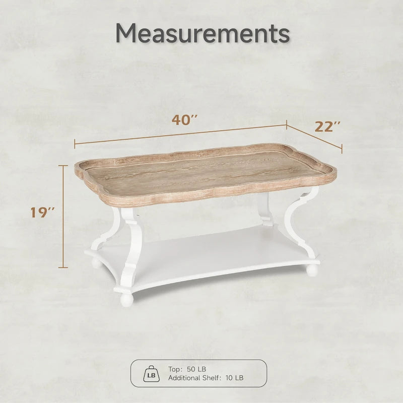 Rustic Farmhouse Coffee Table with Tray Top and Lower Shelf, Distressed Finish