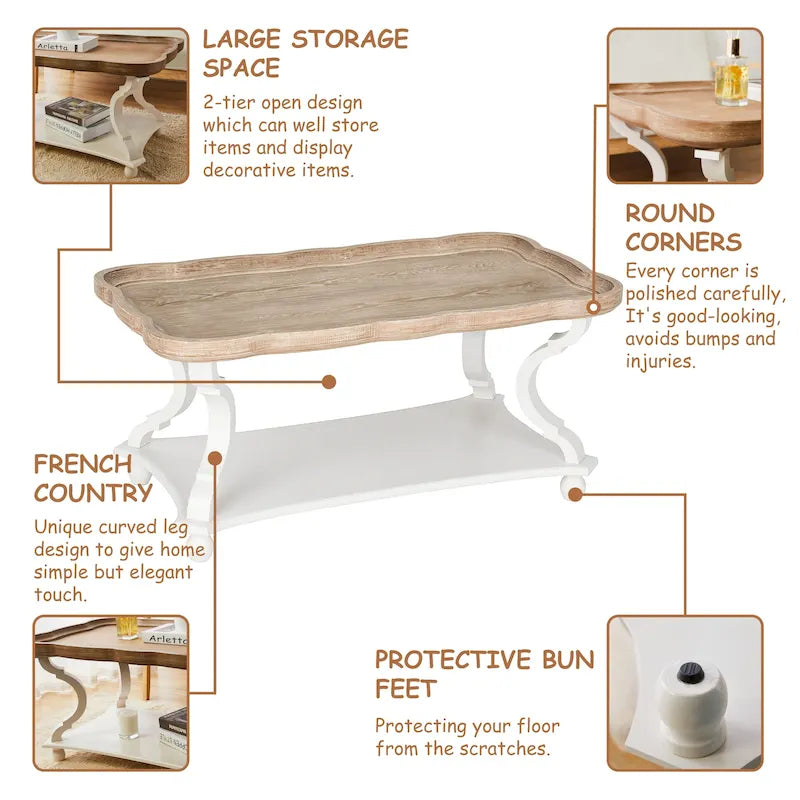 Rustic Farmhouse Coffee Table with Tray Top and Lower Shelf, Distressed Finish