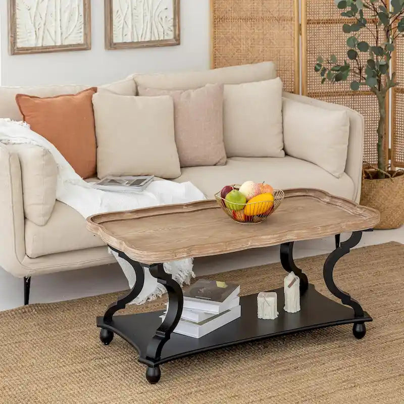 Rustic Farmhouse Coffee Table with Tray Top and Lower Shelf, Distressed Finish