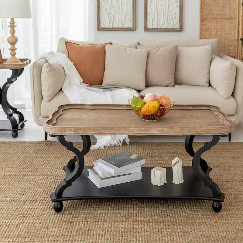 Rustic Farmhouse Coffee Table with Tray Top and Lower Shelf, Distressed Finish