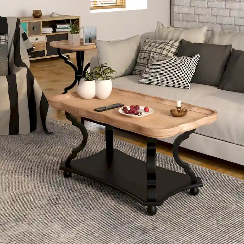 Rustic Farmhouse Coffee Table with Tray Top and Lower Shelf, Distressed Finish