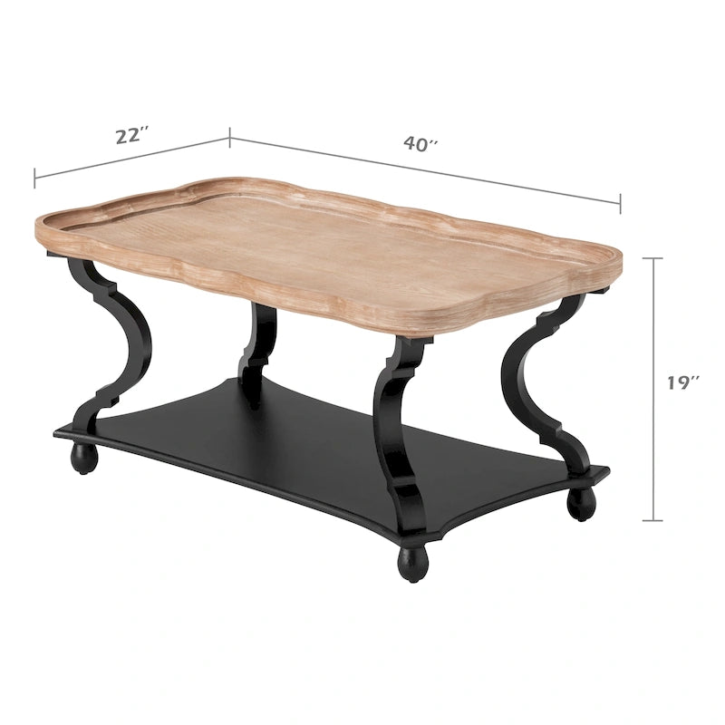 Rustic Farmhouse Coffee Table with Tray Top and Lower Shelf, Distressed Finish
