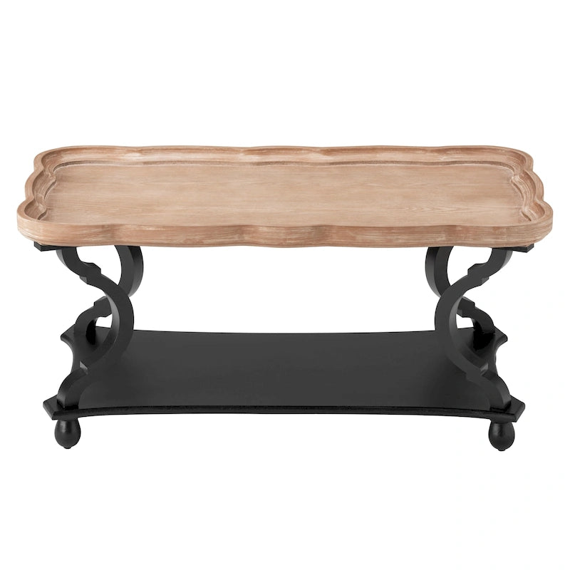 Rustic Farmhouse Coffee Table with Tray Top and Lower Shelf, Distressed Finish